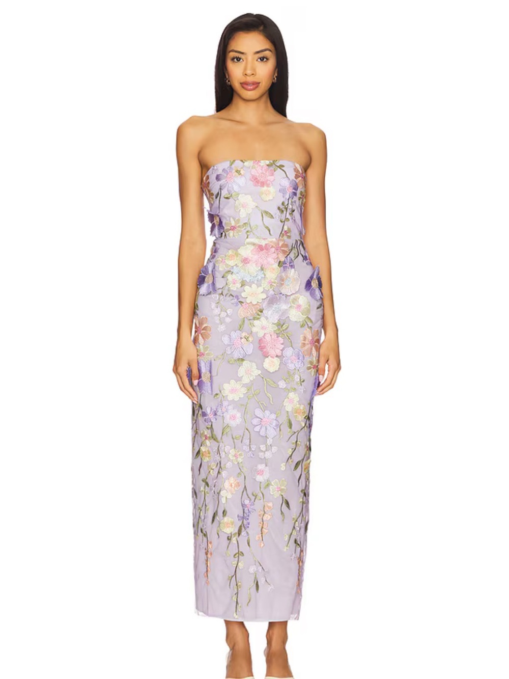 Strapless Lavender Floral Embroidered Midi Dress